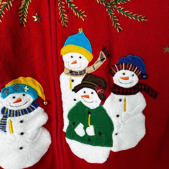 Desginers Originals Cardigan Sweater Wmns Sz XL Red Snowman Applique Xmas Zip - Picture 2 of 7
